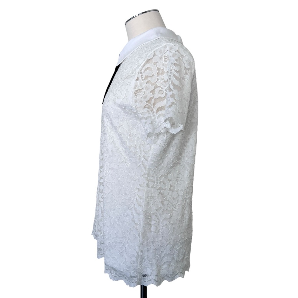 KARL LAGERFELD Peter Pan Collar Black Tie Short Sleeve Lace Top Blouse White M - Picture 8 of 17